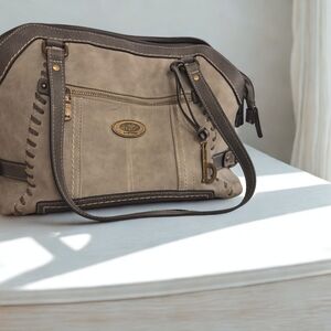 boc Taupe and Dark Brown Shoulder Bag with Front Zip Detail